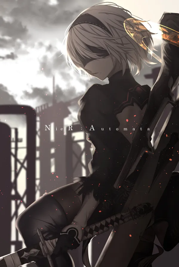 2B from Nier: Automata sits on a railing