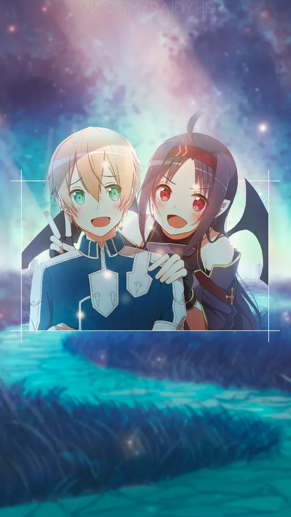 Anime boy and girl smiling together in a field
