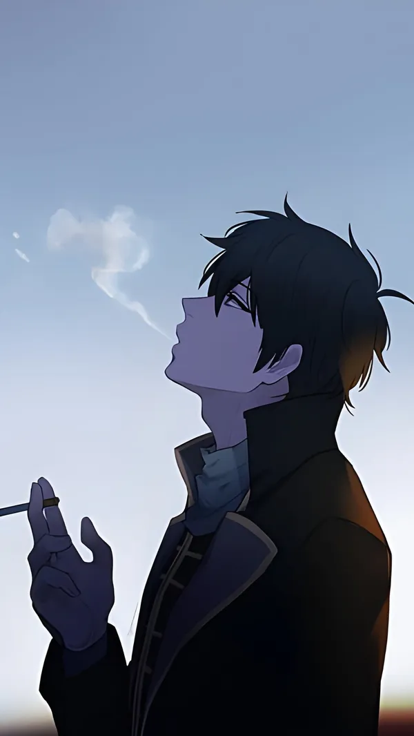 Anime boy is smoking a cigarette and looking up at the sky