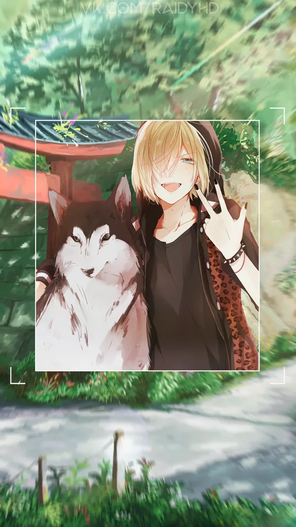 Anime boy with a dog in front of a torii gate