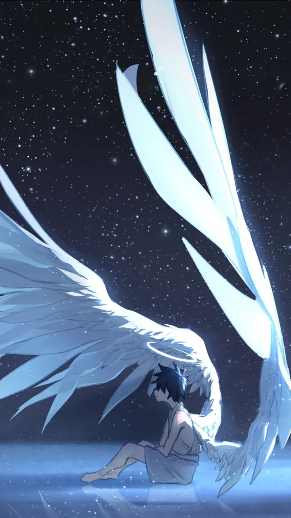 Anime boy with angel wings is sitting on a lake