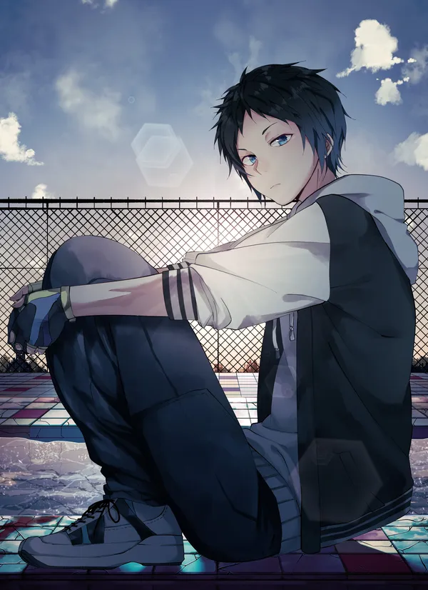 Anime boy with black and blue hair is sitting on the edge of a pool