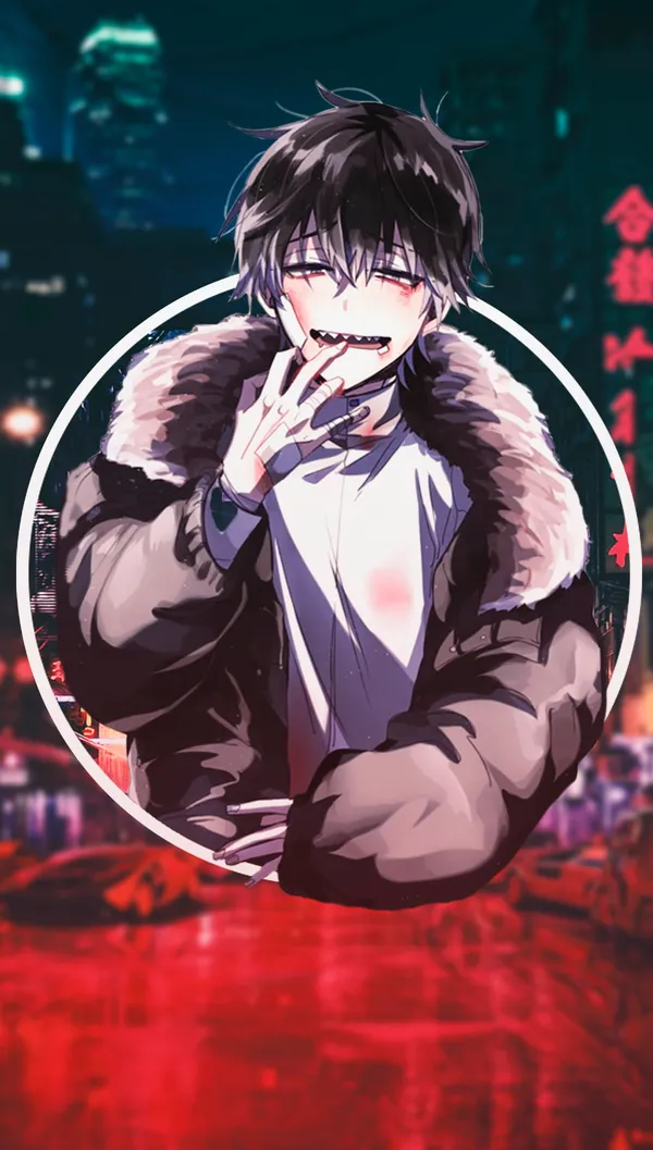 Anime boy with black hair and red eyes, wearing a white shirt and black jacket,