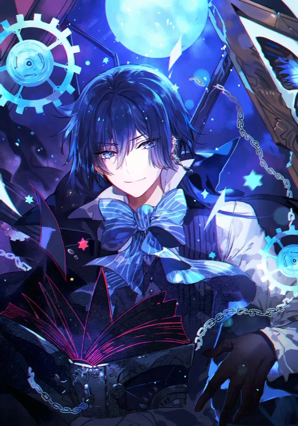 Anime boy with blue hair and blue eyes is reading a book