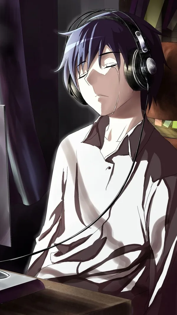 Anime boy with blue hair is crying while listening to music
