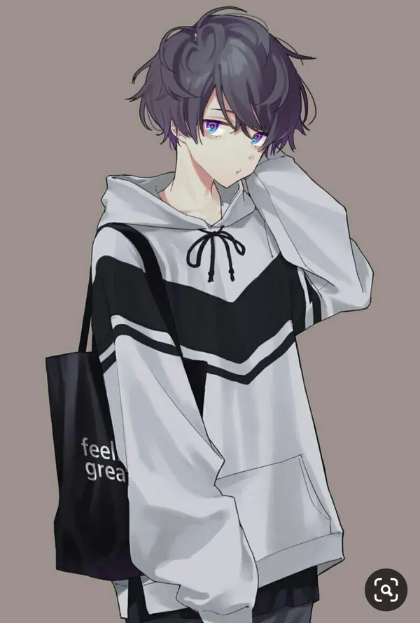 Anime boy with purple eyes and black and purple hair wearing a white and black