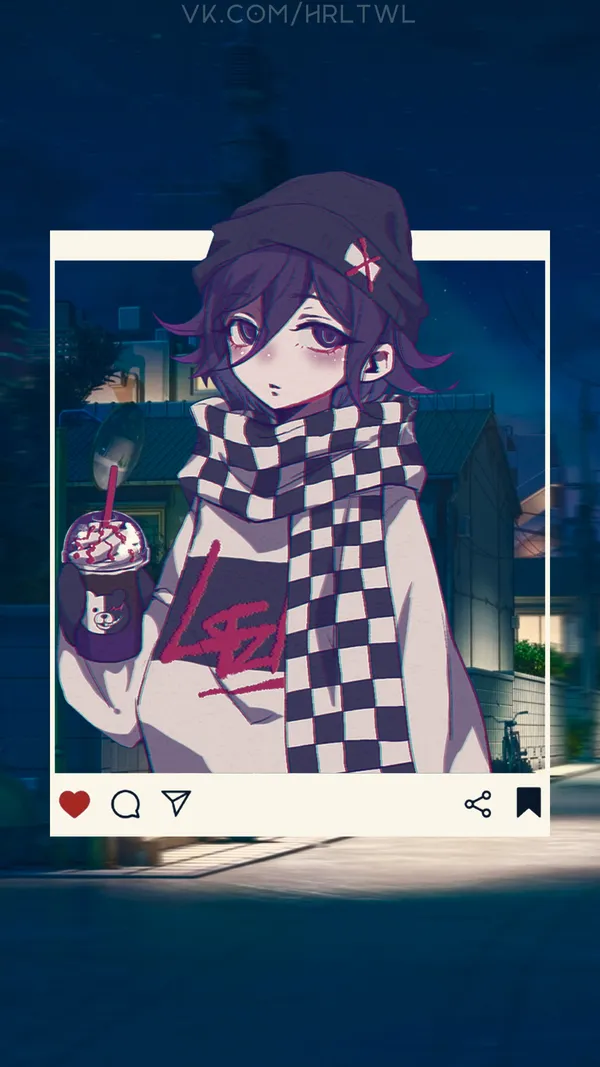 Anime boy with purple hair and a checkered scarf is holding a drink