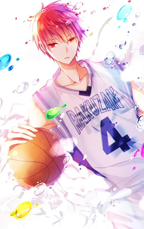 Anime boy with red hair and yellow eyes holding a basketball