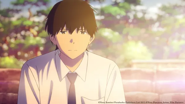 Anime boy with short brown hair and brown eyes is looking down with a serious