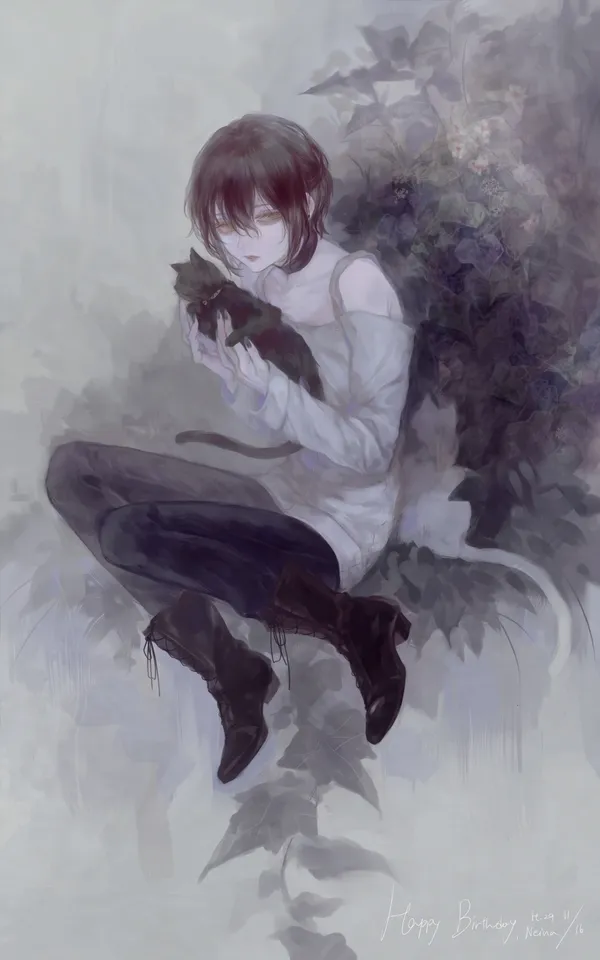 Anime boy with short brown hair and dark eyes is holding a black cat in