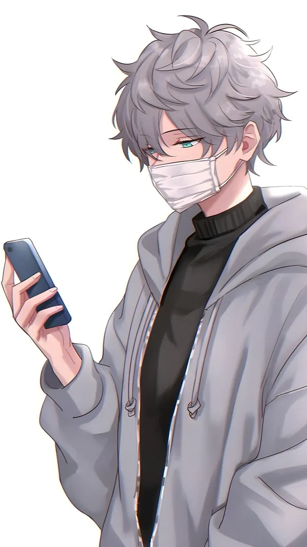 Anime boy with white hair and green eyes wearing a mask and a gray hoodie