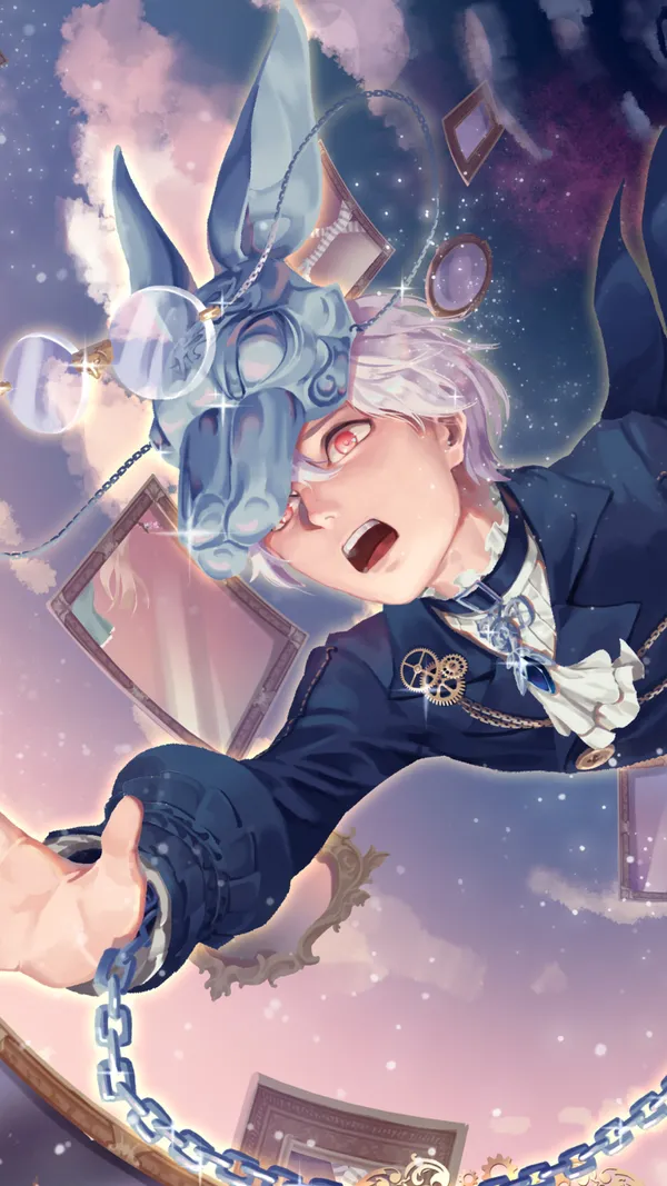 Anime boy with white hair and red eyes is falling through the sky