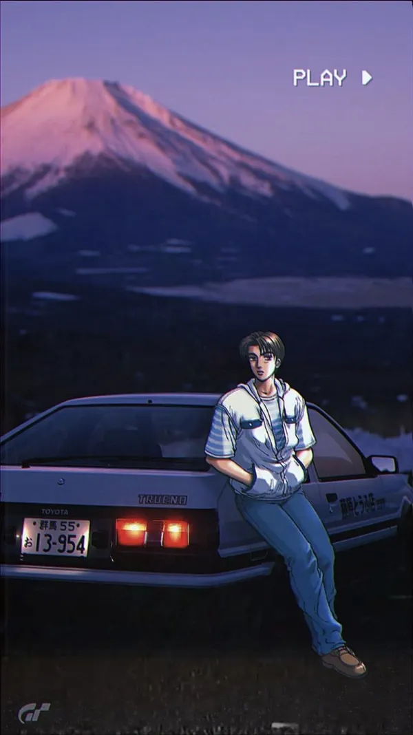 Anime character is leaning against the back of a Toyota Trueno with Mount Fuji in