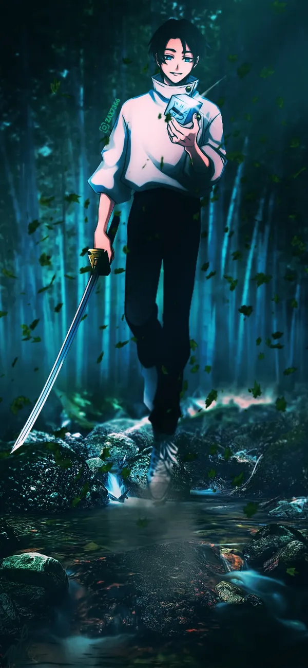 Anime character walking in a dark forest holding a sword