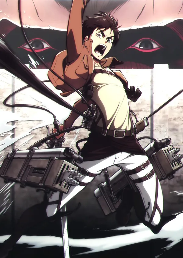 Anime character with a determined look on his face is using 3DMG to fight a