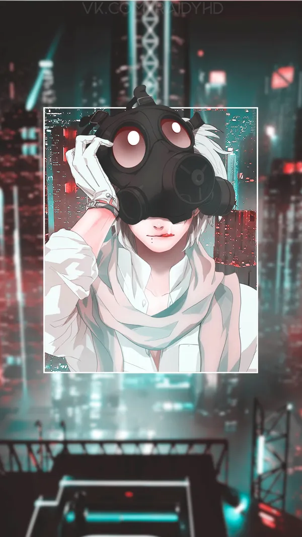 Anime character with a gas mask on in front of a city