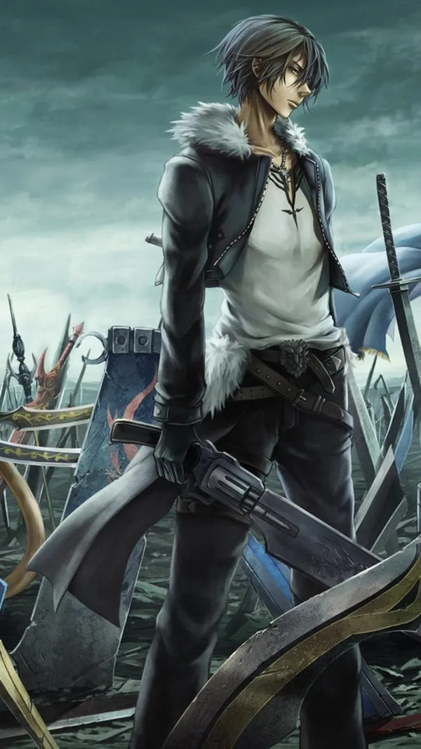 Anime character with a gun and sword stands in front of a pile of weapons