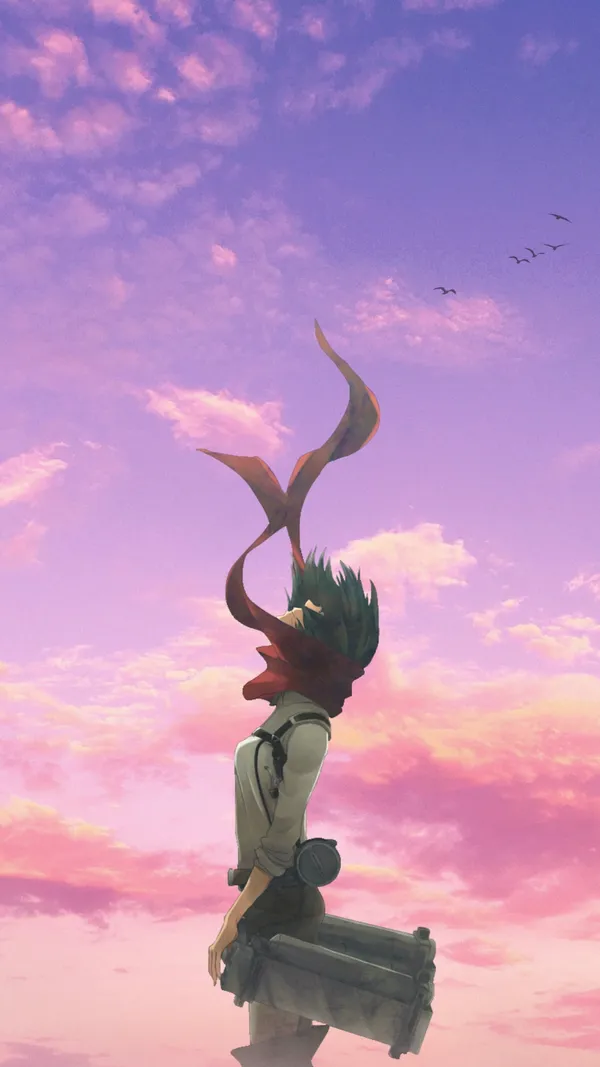 Anime character with a red scarf is standing in a field at sunset