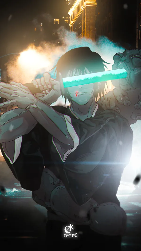 Anime character with a sword is fighting in a ruined city