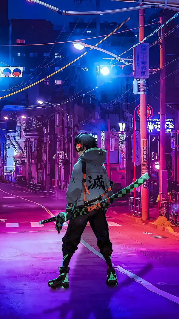 Anime character with a sword standing in a city street at night