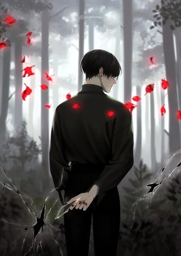Anime character with black hair and black clothes is in a dark forest with red