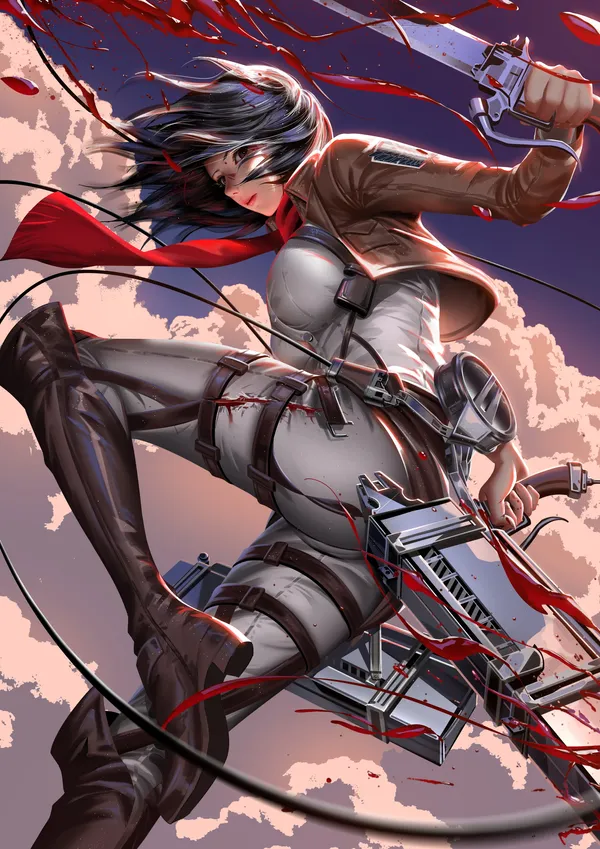 Anime character with black hair and blue eyes is flying through the air with a