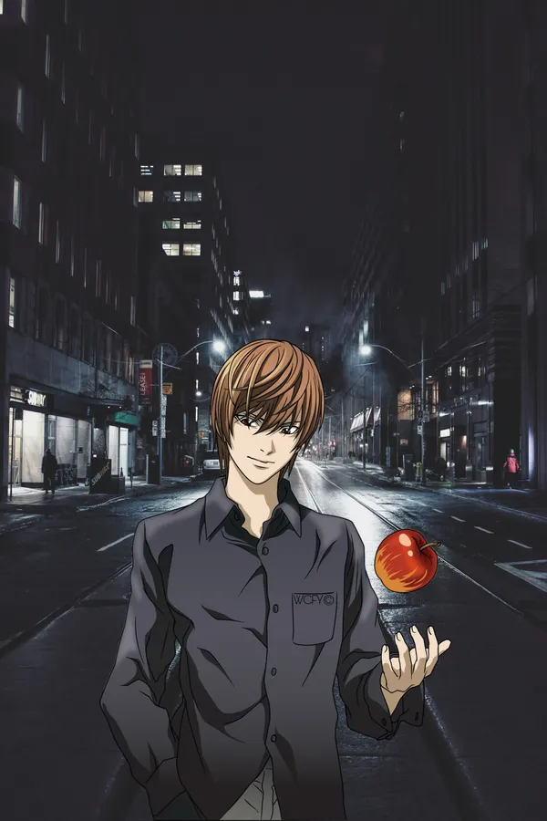 Anime character with brown hair and black eyes is holding an apple in an urban