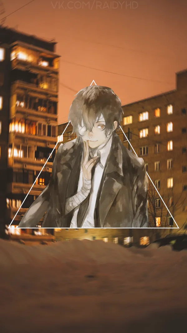 Anime character with brown hair and blue eyes is in front of some buildings