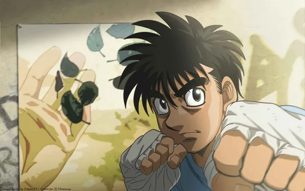 Anime character with brown hair and dark eyes is shown in a boxing stance