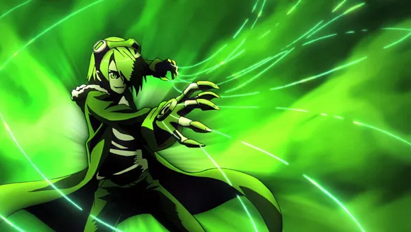 Anime character with green hair and eyes, wearing a green outfit, and has green energy