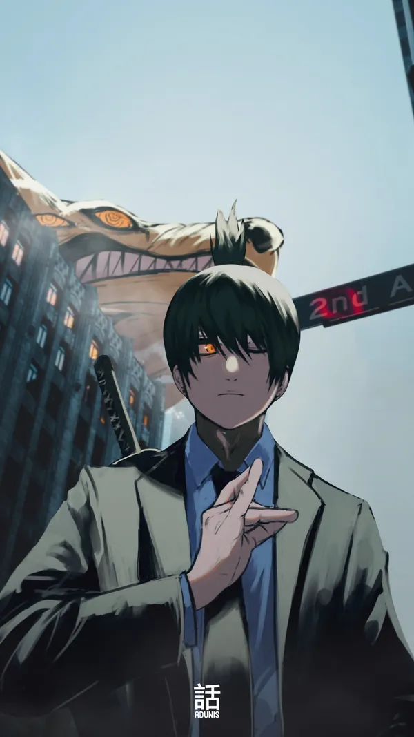 Anime character with green hair and red eyes in a suit stands in front of