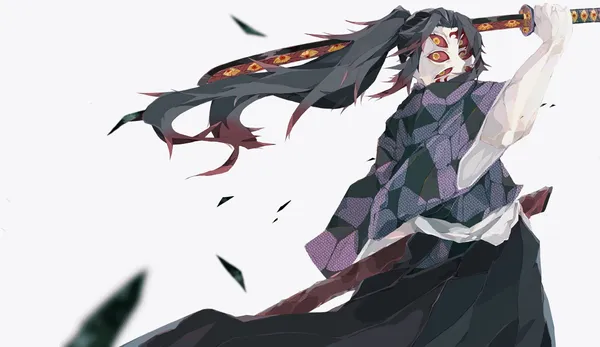 Anime character with long black hair and red eyes is holding a sword