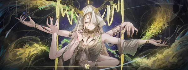 Anime character with long blond hair and glowing tattoos