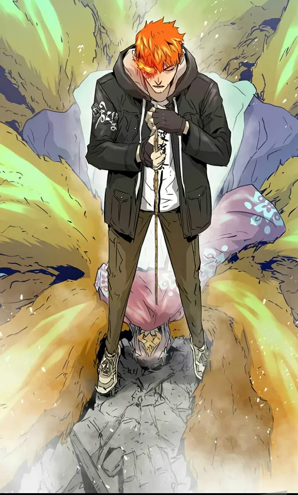Anime character with orange hair and red eyes is standing on a monster