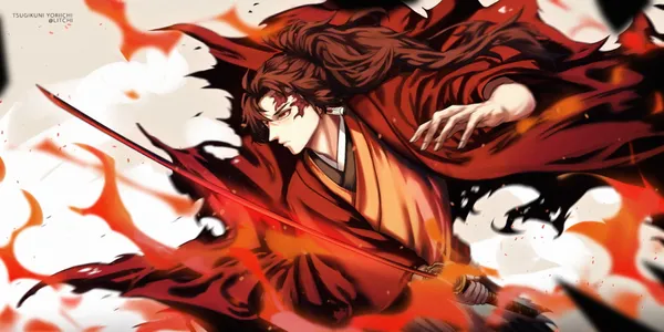 Anime character with red and black hair and a sword