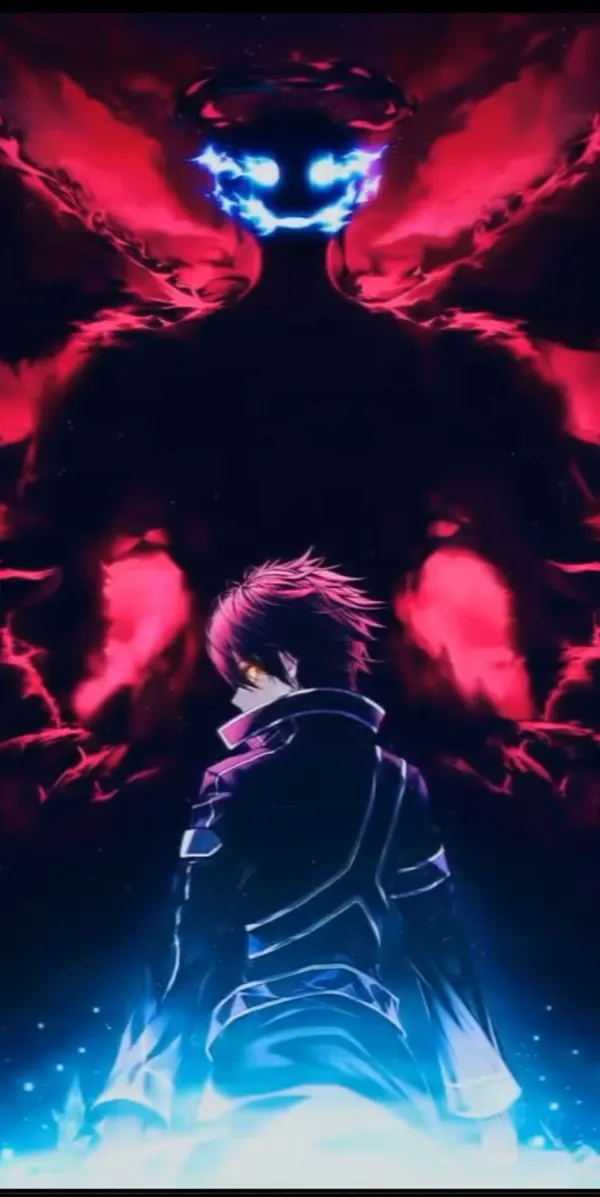 Anime character with red and blue flames is facing off against a dark creature