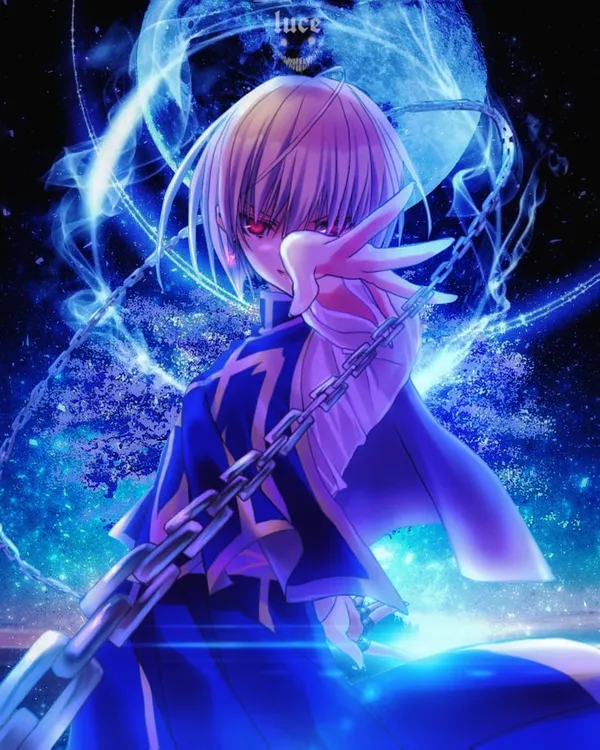 Anime character with red eyes and blond hair