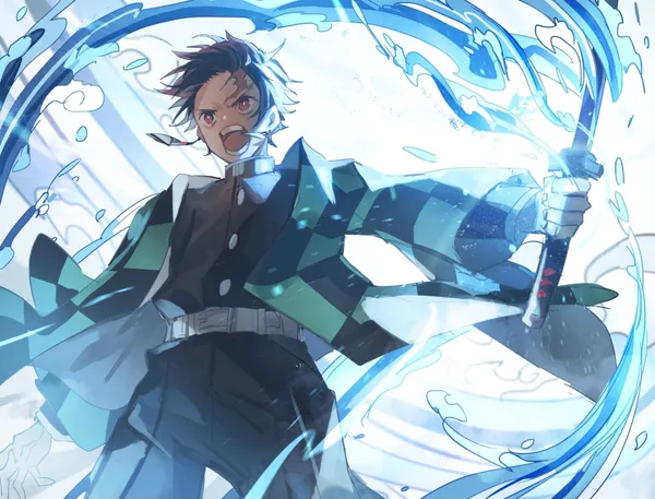 Anime character with red hair and green eyes surrounded by water
