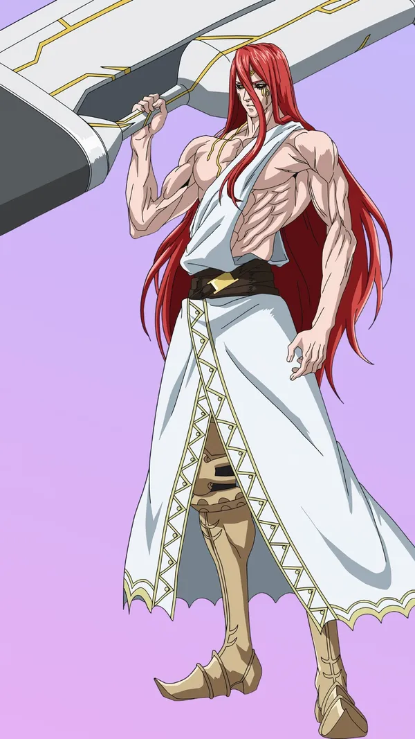 Anime character with red hair and white clothes is holding a large hammer