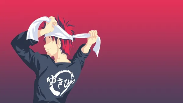 Anime character with red hair tying a white headband