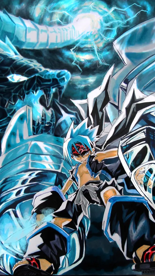 Anime character with spiky blue hair and red eyes is sitting on a blue and