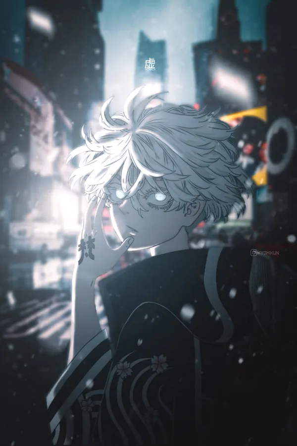 Anime character with white hair and blue eyes in a black and white city