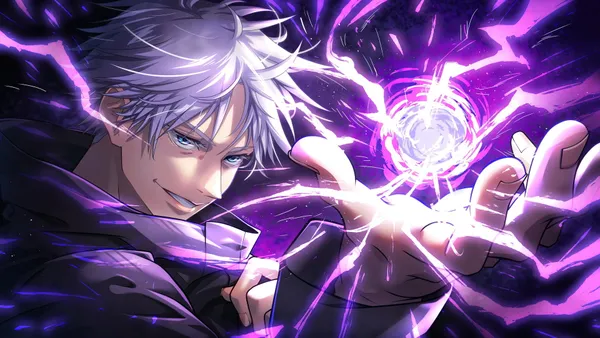Anime character with white hair and blue eyes is using a purple energy ball attack