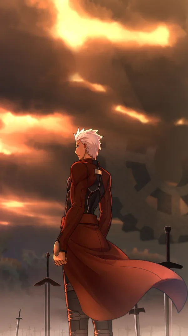 Anime character with white hair and red coat standing in a field of swords
