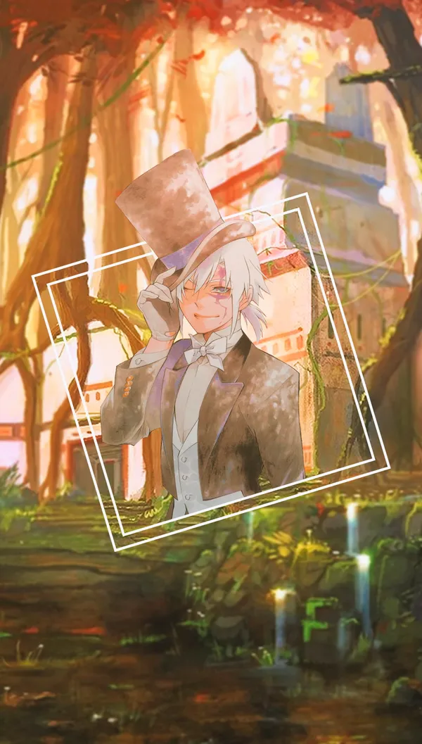 Anime character with white hair and red eyes is wearing a top hat and suit