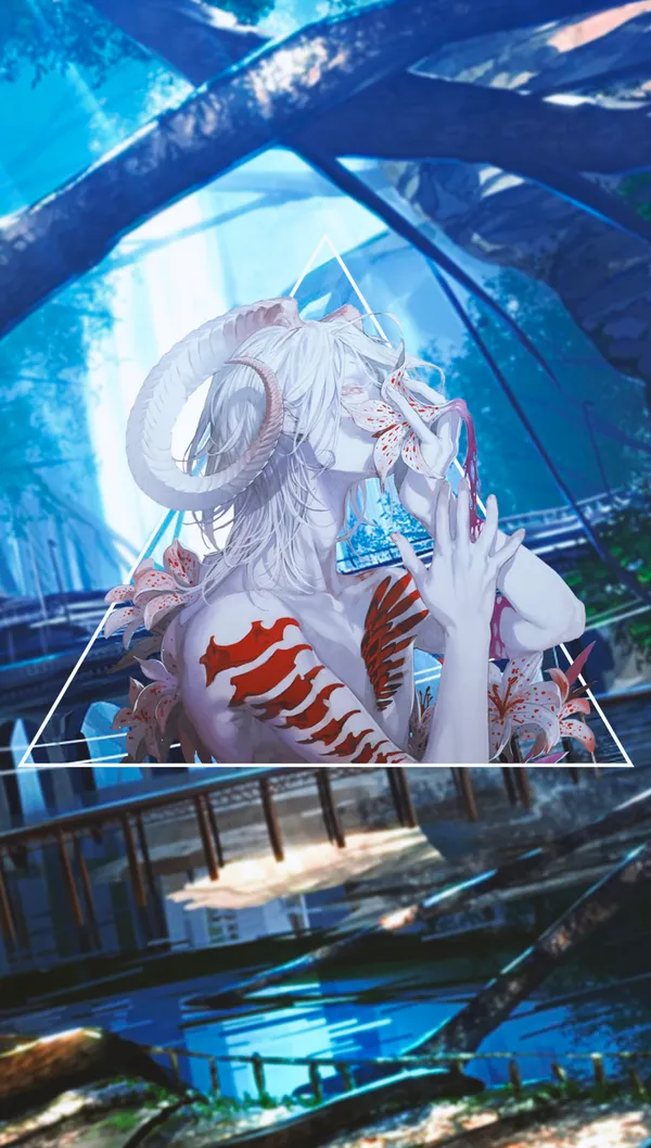 Anime character with white hair and red eyes with a triangle in the foreground