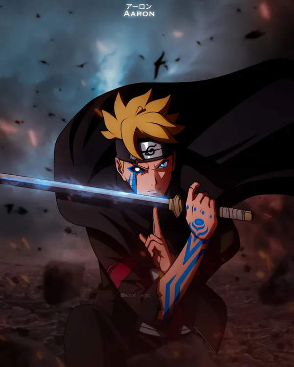 Anime character with yellow hair and blue eyes is holding a sword