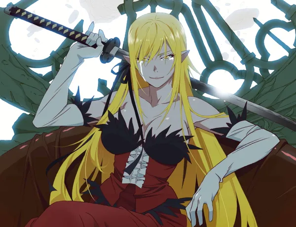 Anime character with yellow hair and red eyes is sitting on a throne holding a