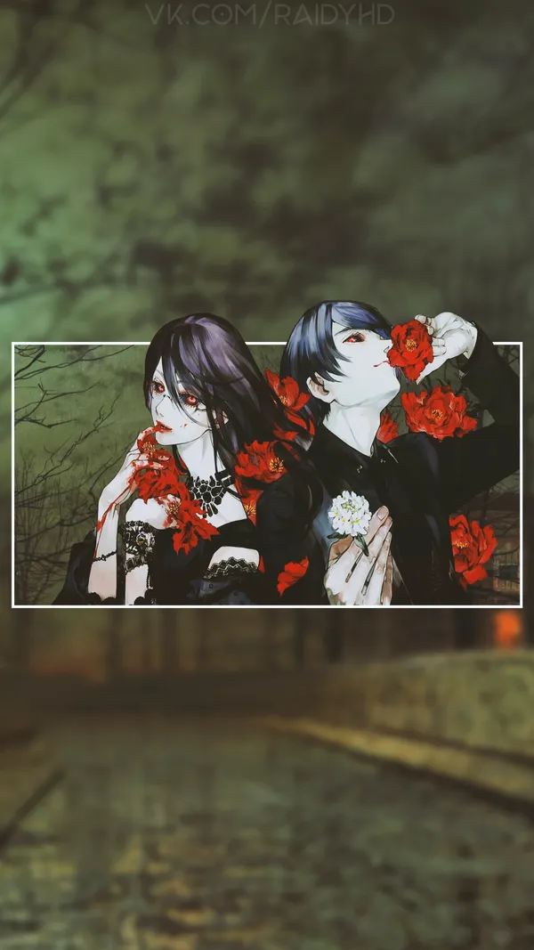 Anime couple with red flowers in their mouths