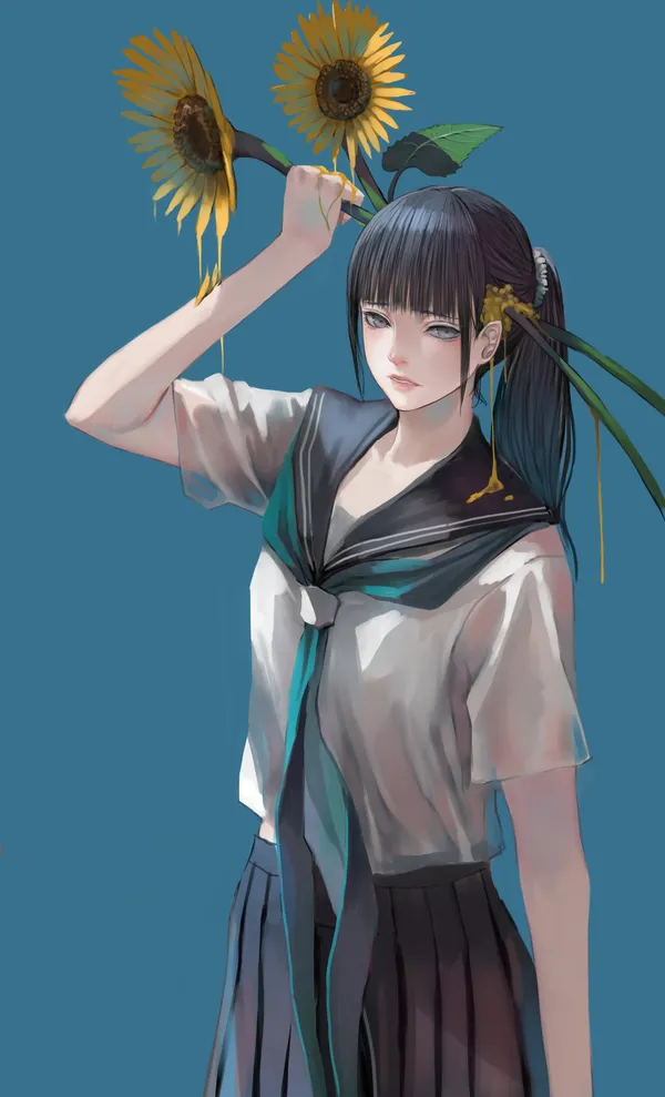 Anime girl covered in sunflower goop